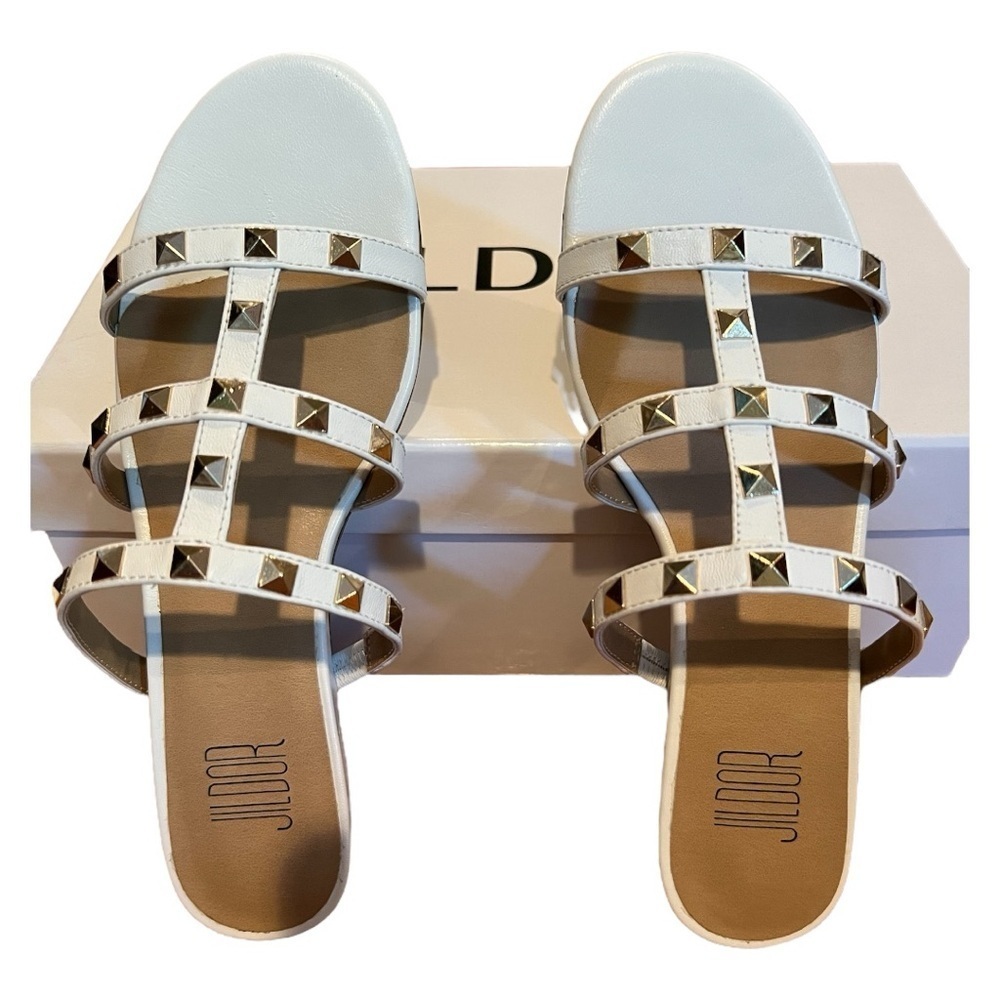 White Flat Sandals with Gold Studs - Long Island Gold Coast Store Brand